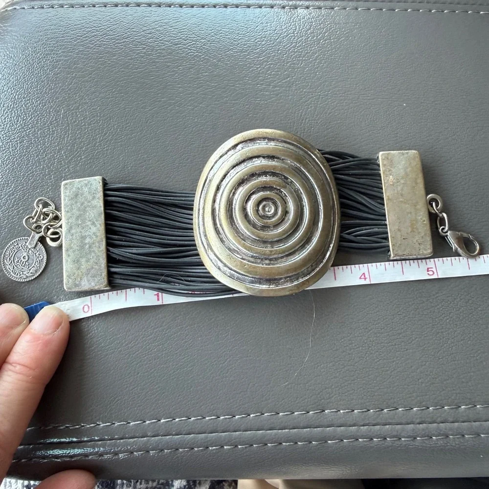 Vintage Brutalist Concentric Circle Multi Strand Black Cord Cuff Bracelet Coin